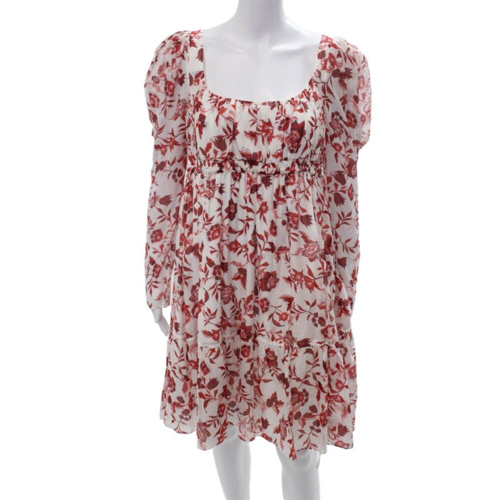 Erdem Women Red Floral Sundress Square Neck Long Sleeve Cotton Silk Size M